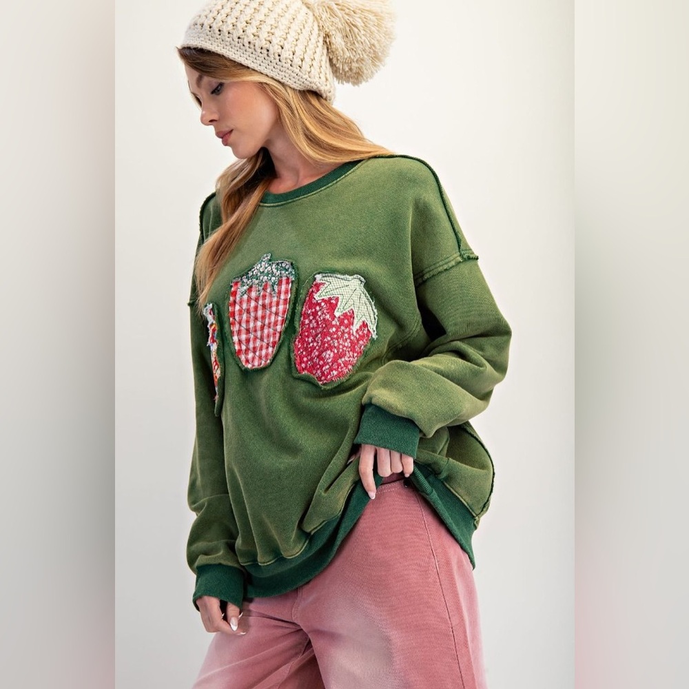 #189 Last 1! New Easel Green Sweatshirt with Strawberry Patches - Picture 4 of 5